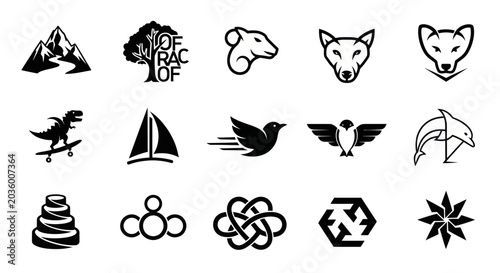 Collection of Black and White Vector Icons: Animals, Nature, Symbols, Objects