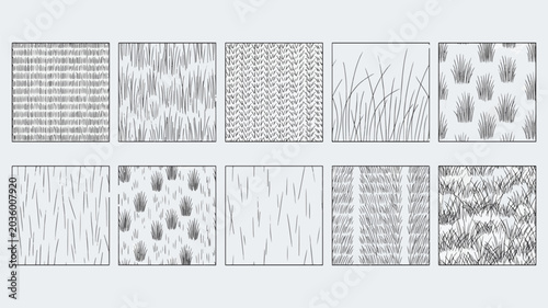 CAD Landscape Hatch Patterns and Field Grass Texture Line Art Set with Architecture Site Plan Vegetation Drawing Symbols