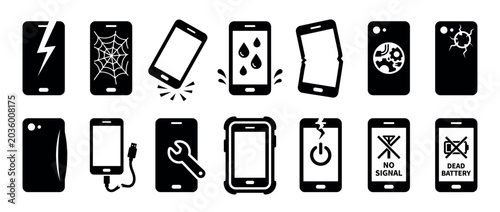 Smartphone repair and damage icons set. Mobile phone broken screen. Cracked display, water damage. No signal, dead battery. Flat black silhouette style