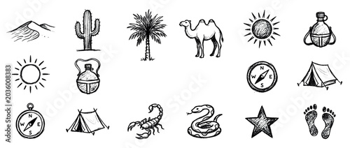 Desert adventure icons set. Travel and exploration symbols. Dune, cactus, palm tree, camel, sun, canteen, compass, tent, scorpion, snake, star, footprints. Hand-drawn doodle style