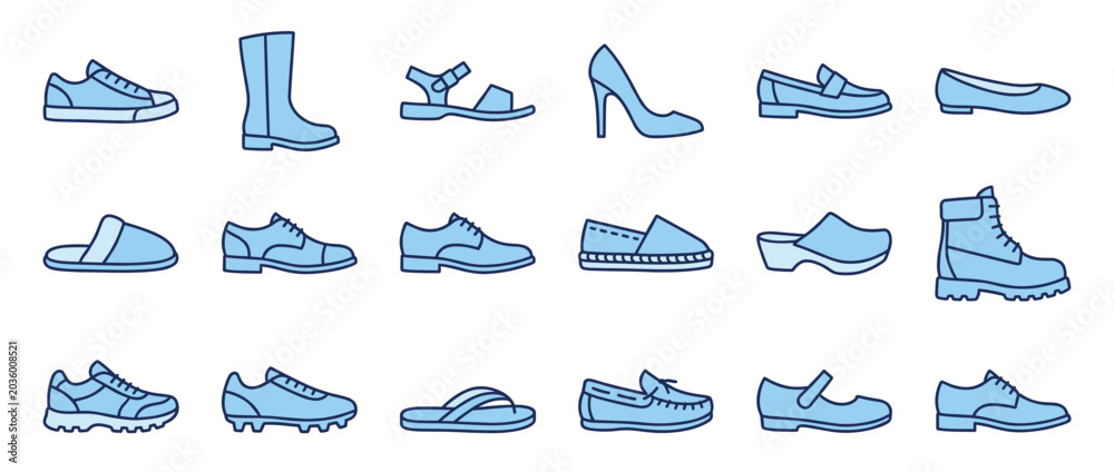 Obraz premium Footwear icons set. Various types of shoes. Sneakers, boots, sandals, heels, loafers, slippers, oxfords, espadrilles, clogs, flip-flops. Flat and line style