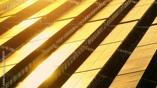 Obraz na plátne Aerial view of solar panels shining in sunlight, expressing renewable energy, sustainability, innovation, eco-awareness, efficiency, technology, progress, climate action, and transformation