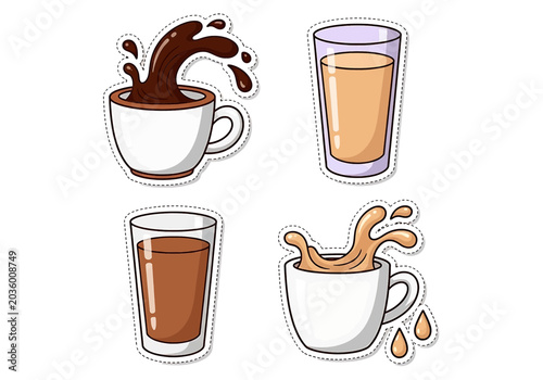 Konstfotografi A collection of four beverage illustrations featuring coffee and tea in white ceramic cups with splashes and in tall glass tumblers