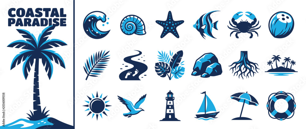 Fototapeta premium Coastal paradise icons set. Tropical beach vacation symbols. Palm tree, wave, seashell, starfish, fish, crab, coconut. Flat and line style