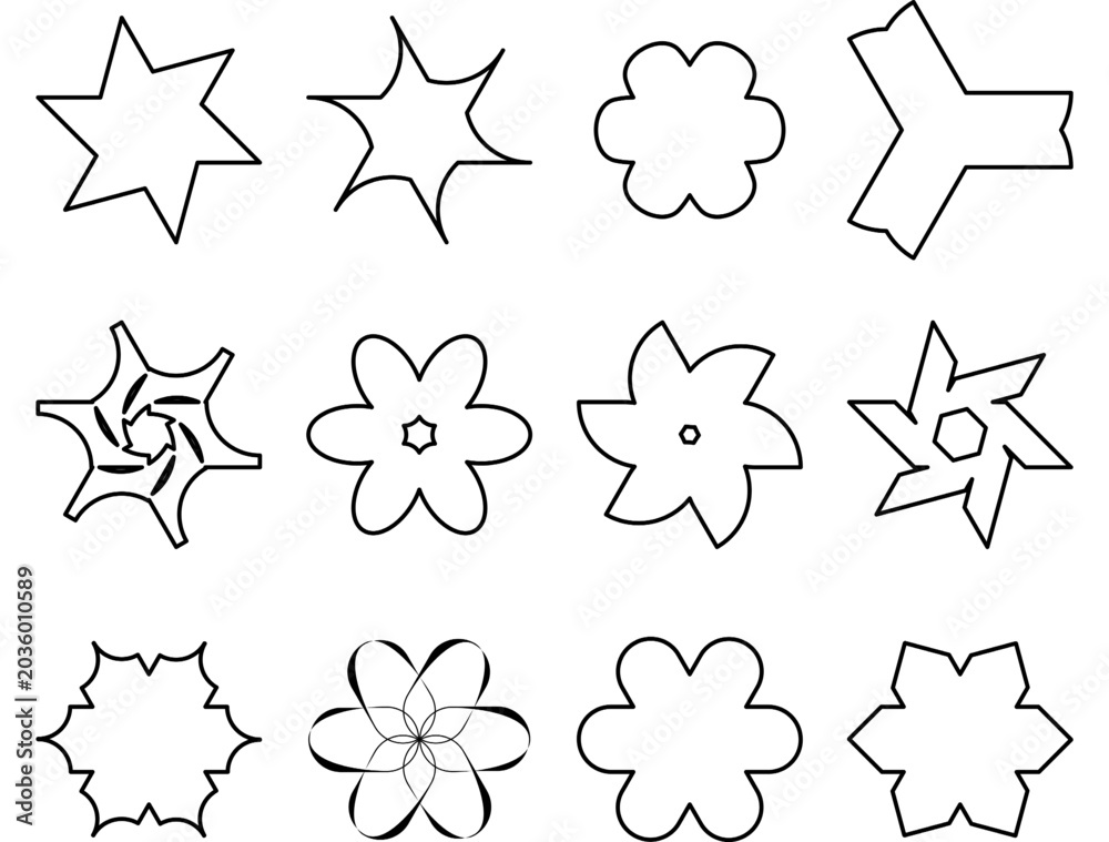 Obraz premium Black outline geometric star and flower shapes set, minimalist vector icon collection, linear graphic design elements