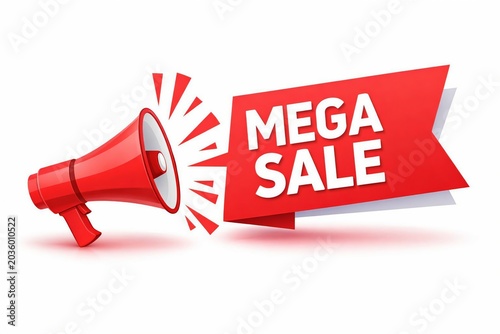 Red megaphone announcing mega sale with explosion effect and bold banner