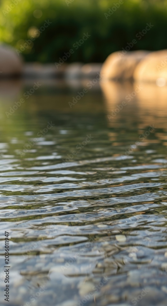 Fototapeta premium Close-up of Rippling Water Surface with Blurred Rocks and Greenery in Background.