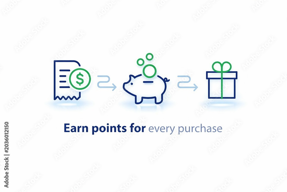 Fototapeta premium Points earning illustration showing purchase to gift conversion with piggy bank