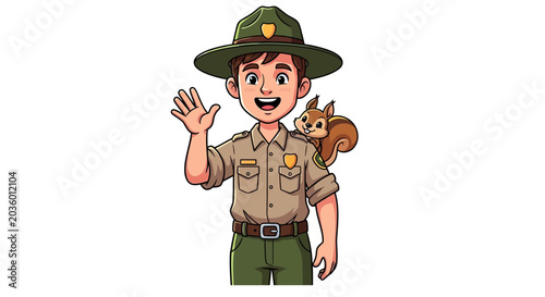 Fotografi Friendly Park Ranger Waving Hello with Squirrel Companion on Shoulder