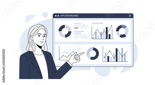 Business analyst presenting KPI dashboard with charts and graphs