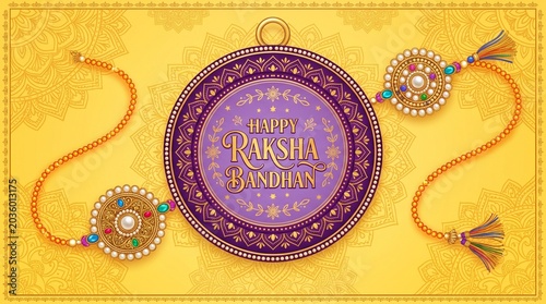 Happy Raksha Bandhan Vector Greeting Card, Indian Traditional Festival Poster Design with Golden Rakhis and Mandalas on Yellow Background