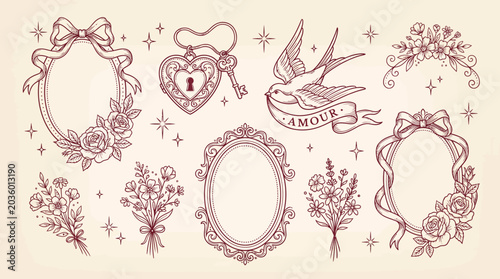Collection of vintage line art illustrations featuring ornate oval frames with roses, heart lockets and swallow birds, illustrating romantic wedding graphics and symbolizing classic beauty