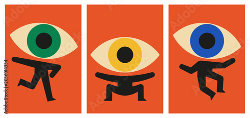 Set of mid-century modern abstract wall art vision concept. Surreal eyeball character in dynamic poses. Minimal bauhaus geometric style suitable for poster, interior decor, print. Vector illustration