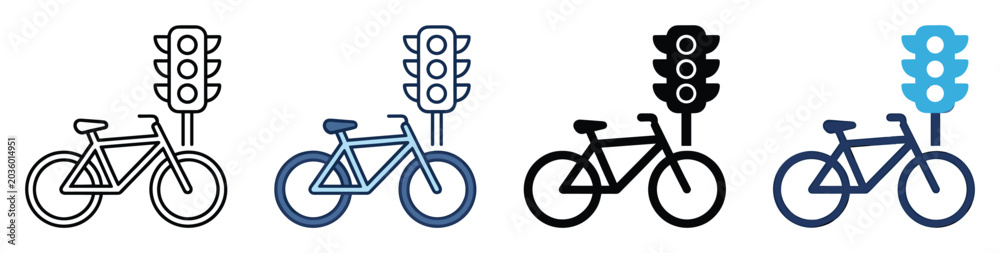 Fototapeta premium Set of bicycle and traffic light icons. Bike signal, road cycling symbol, urban city transportation pictogram for street safety.