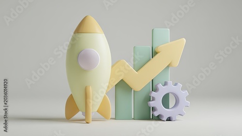 Stylized illustration of a rocket alongside increasing bar chart and gear suggests rapid business development