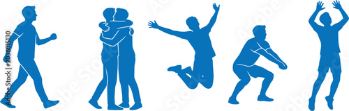 Foto Collection of people in motion blue silhouettes expressing joy and energy with s