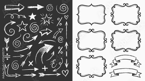 Collection of hand drawn chalk arrows and vintage ornate frames with banners on blackboard and white backgrounds, symbolizing creative graphic design and representing marketing presentation