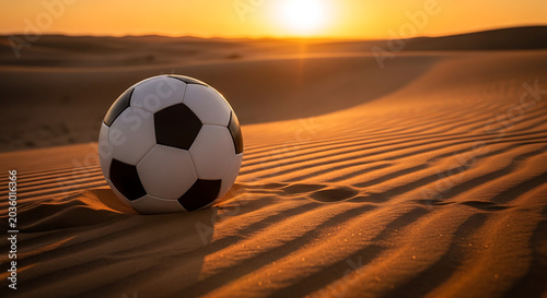 Soccer ball resting on sand dunes at sunset, warm golden hour light