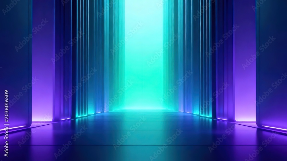 Fototapeta premium Blue Violet Cyan Gradient Tech Slides Cover Volumetric Light Central Light Channel Minimalist Abstract Layered Depth Tech Order for Presentation PPT Background Template
