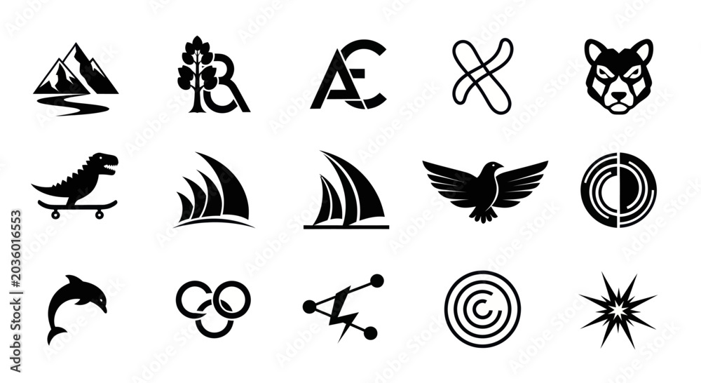 Fototapeta premium Collection of Diverse Icon Set, Symbols and Logos on White Background