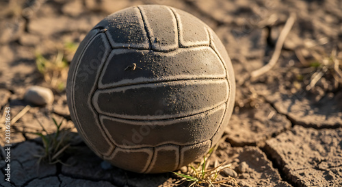 Vintage leather basketball resting on weathered wooden surface in outdoor sunlight