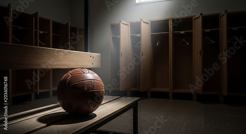 Vintage Soccer Ball on Wooden Bench in Empty Locker Room with Dramatic Lighting