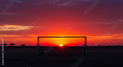 Soccer Goal Silhouette Against Vibrant Sunset Sky in African Savannah