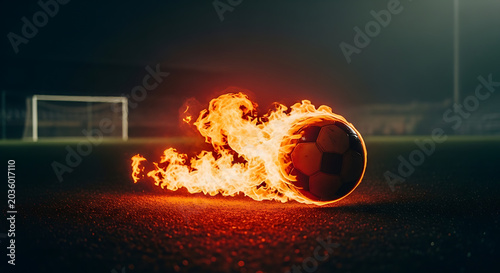 Soccer ball on fire on a dark football field with goal in background