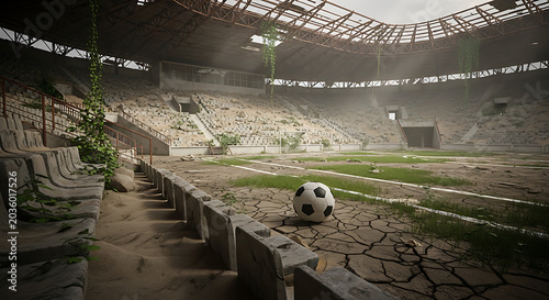 Abandoned Football Stadium Overgrown with Nature and Ruined Seating