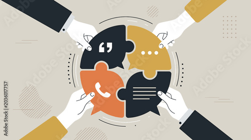 Four hands assembling a circular puzzle of speech bubbles with communication icons representing teamwork collaboration business strategy marketing vector illustration