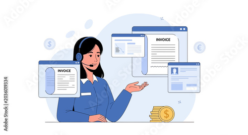Businesswoman with headset, invoices and money symbols