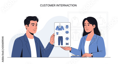 Customer choosing clothes on tablet in store