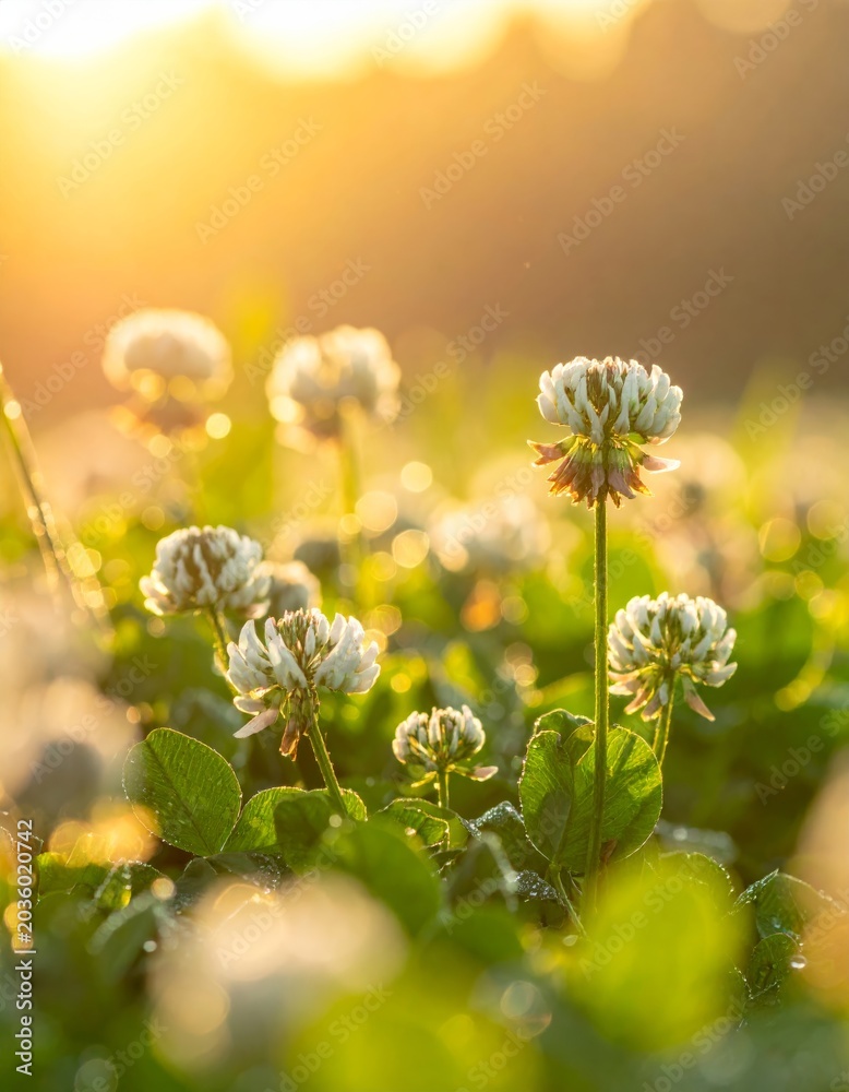 Fototapeta premium A closeup macro of white dandelion seeds and bright blossoms captures the natural beauty of flora in a sunlit spring meadow under a blue sky