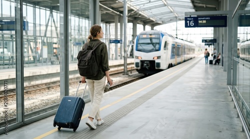 Young woman traveler with backpack and suitcase walking on train station platform waiting for departure, concept of solo travel, tourism, and commuting lifestyle