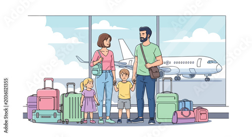 Family Preparing for Travel at Airport Check-In Counter