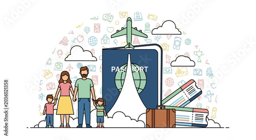 Family Travel Planning with Passport and Luggage Essentials Illustration