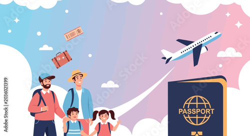 Family Travel Adventure with Passport and Airplane Journey Illustration