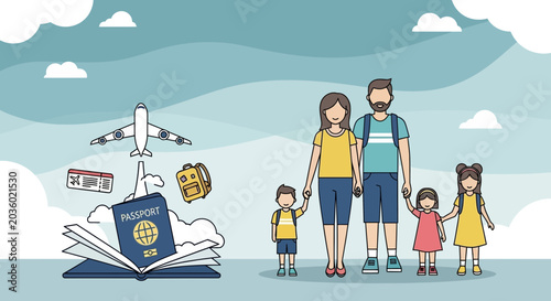 Family Travel Preparation with Passport and Airplane Journey Illustration