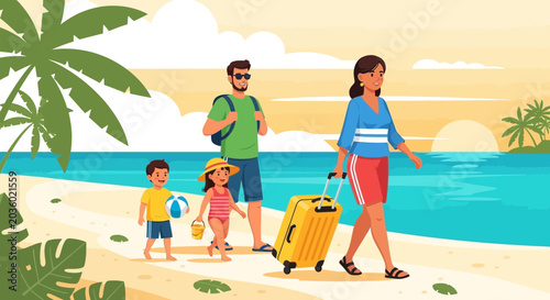 Happy Family Enjoying Tropical Beach Vacation with Luggage and Palm Trees