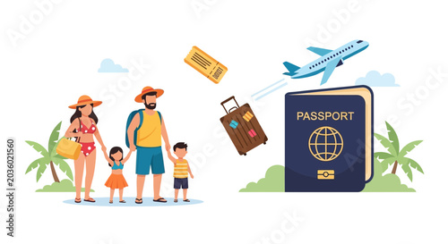 Family Traveling with Passport Luggage and Airplane Journey Illustration