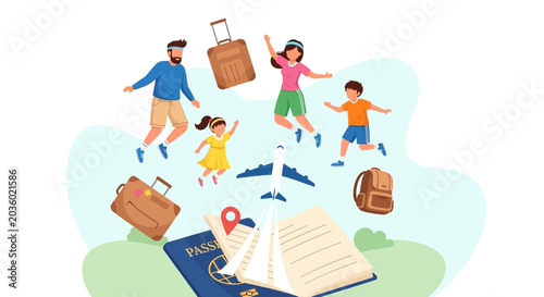 Happy Family Traveling with Luggage and Passport Illustration