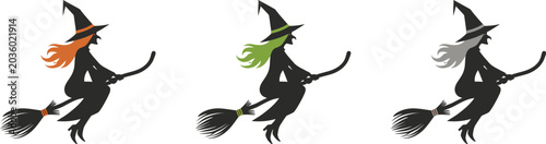 Three witch silhouettes flying on broomsticks with different hair colors
