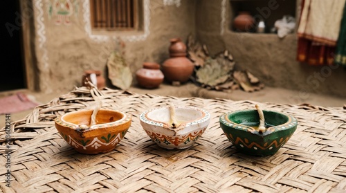 Unlit Clay Diya Lamps Painted in Saffron White and Green