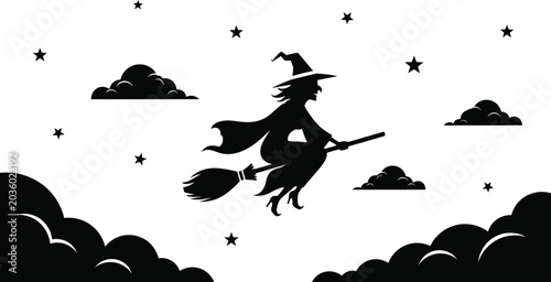 Witch flying on broomstick under starry night sky
