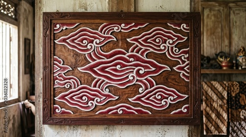 Red and White Megamendung Cloud Pattern Carved on Wood