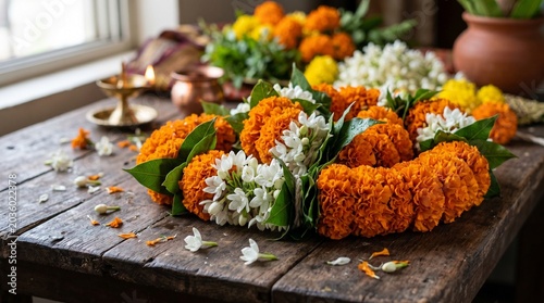 Traditional Indian Flower Garland with Marigold and Jasmine