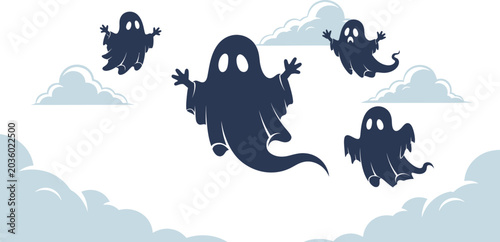 Spooky halloween ghosts floating among clouds vector illustration