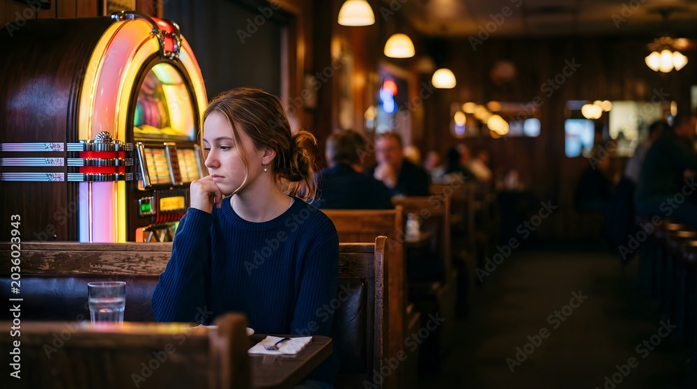 Obraz premium Thoughtful girl sitting alone in a retro diner with a vintage jukebox