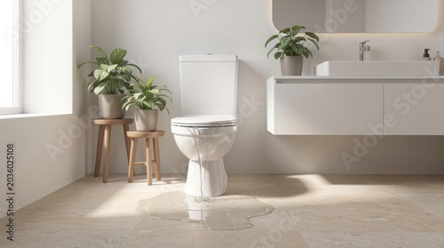 A modern, minimalist bathroom with an overflowing toilet causing a water leak. A puddle is forming on the tiled floor, indicating a plumbing emergency and potential water damage.