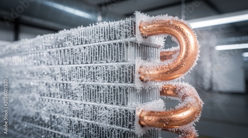 A frosted heat exchanger with ice crystals on its copper pipes and aluminum fins. Vapor rises from the freezing industrial cooling unit.